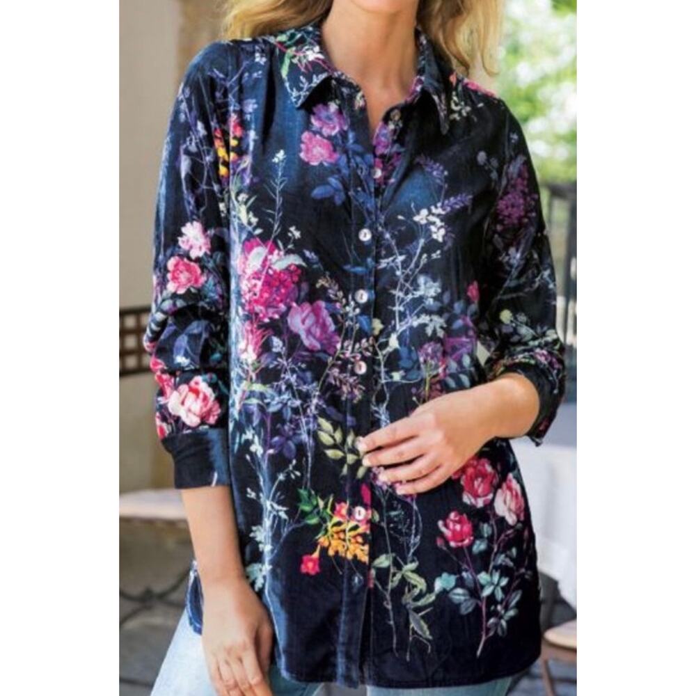 Soft Surroundings Jardim Shirt Women's XS Black Velvet Floral Button Down 2AR71